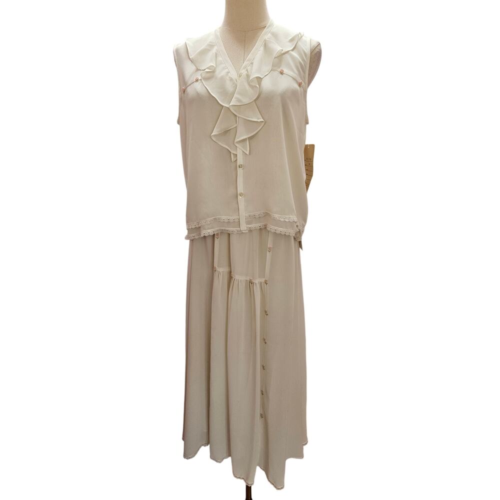 NWT Cottagecore Romantic Rose Lace Flowy Skirt Ruffle Top‎ White Pink Medium 8